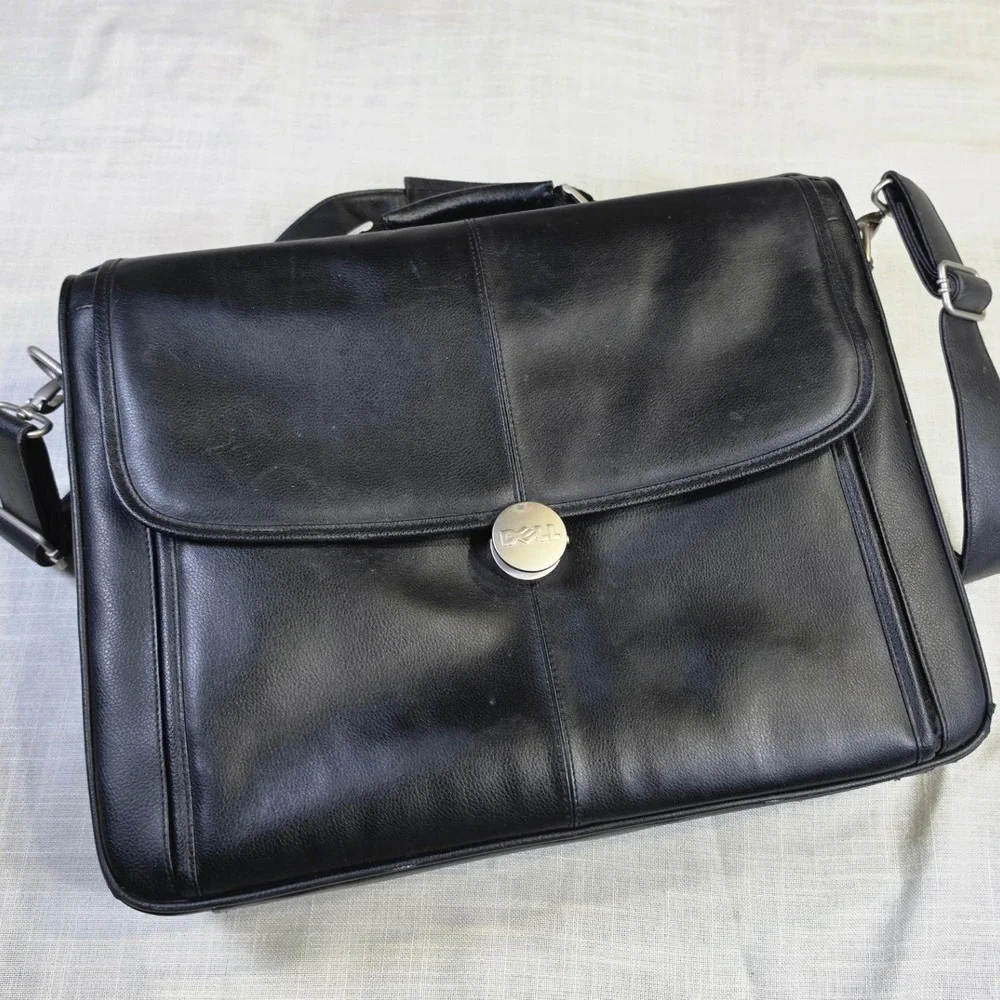 Dell Black Faux Leather Laptop Messenger Bag Briefcase Shoulder Strap Office